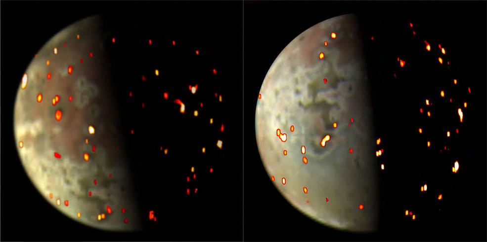 Composite views depicting volcanic activity on Io
