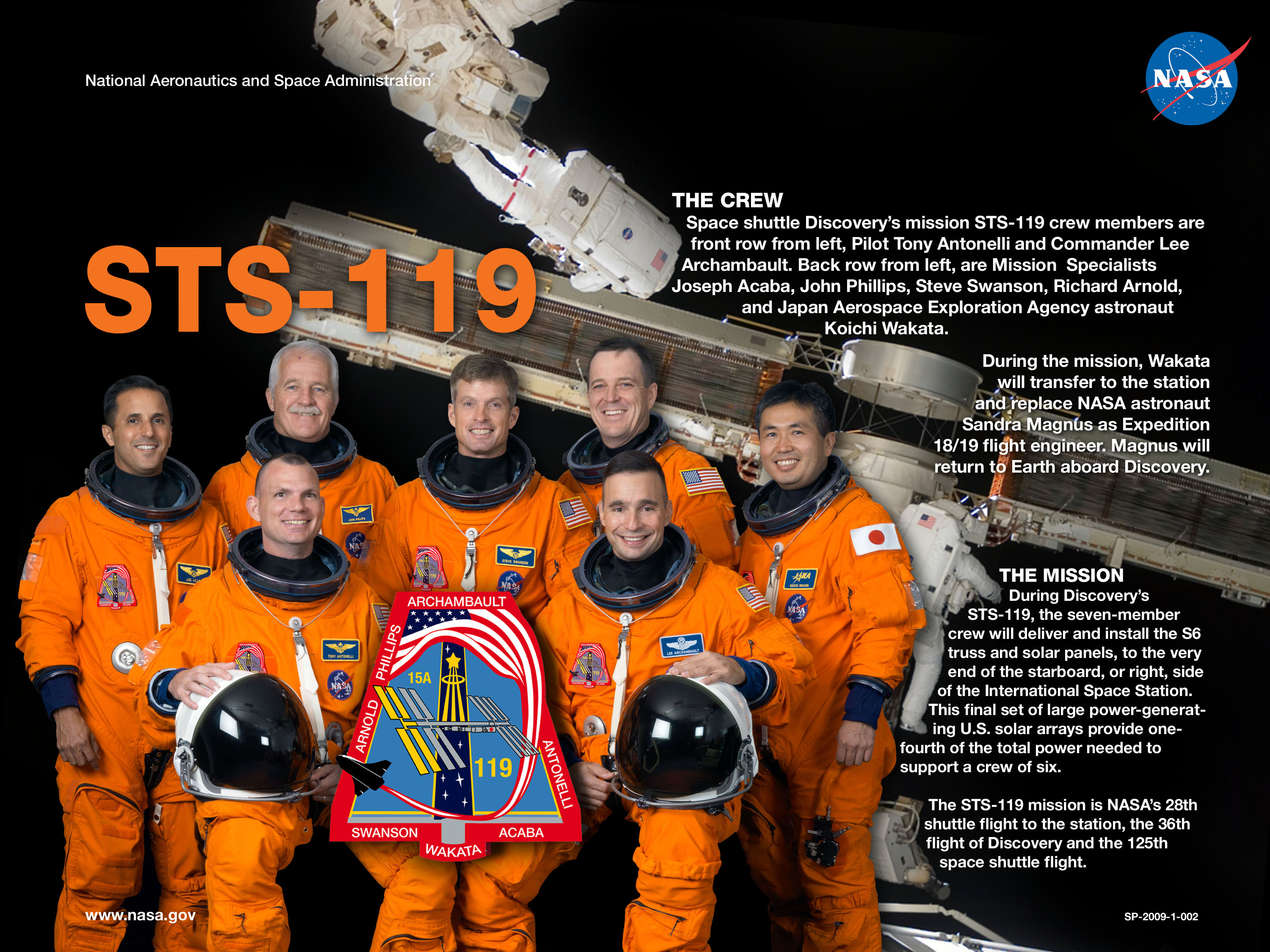 STS-119 crew poster showing the astronauts in orange flight suits, descriptive text about the mission, and the International Space Station