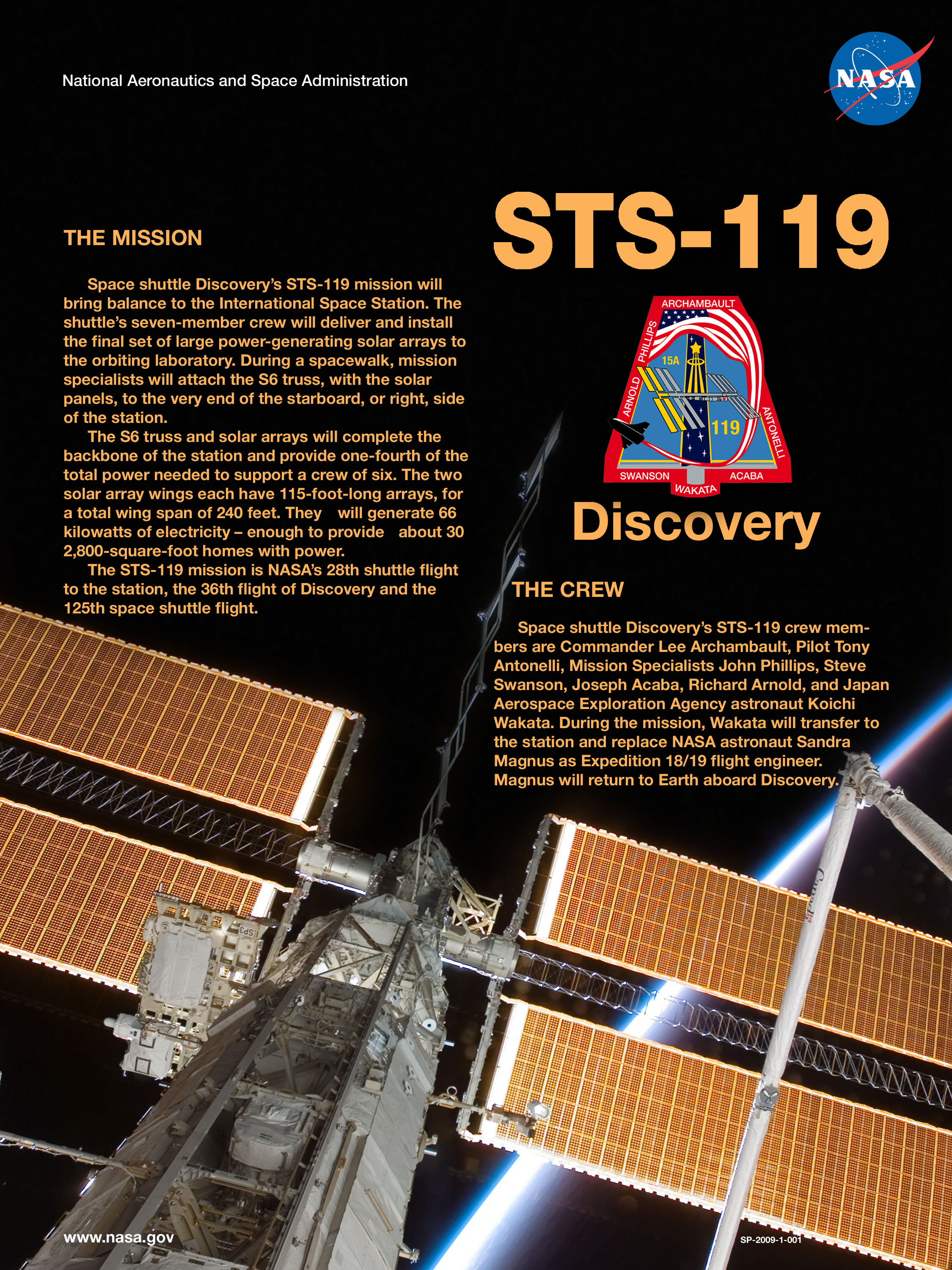 STS-119 mission poster showing the International Space Station, the mission patch and descriptive text about the mission