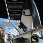 Endeavour STS-126 mission poster showing the shuttle nose in flight with the robotic arm extended, with the mission patch and a picture of an astronaut exercising in space at the bottom. There's also descriptive text about the mission.