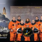 Endeavour STS-127 crew poster showing the crew in orange flight suits and the launch of a shuttle plus a picture of the AMS module