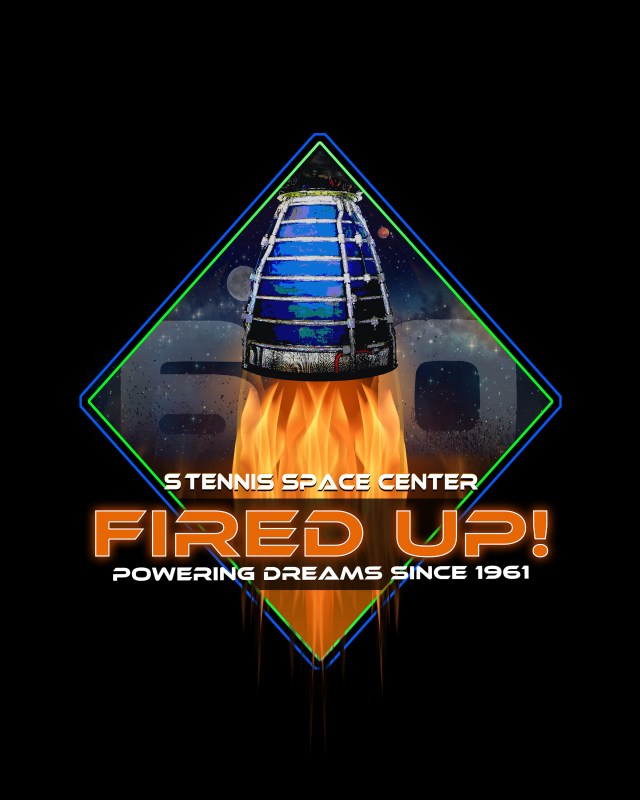 Stennis Space Center 60th Anniversary logo - the words FIRED UP! in all caps on black background