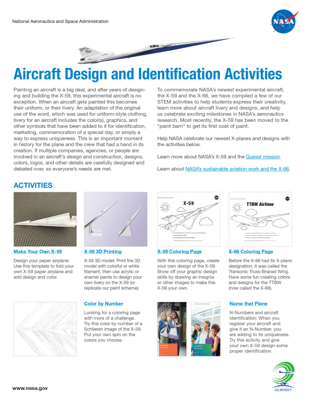 Aircraft design and identification activities flyer, shows the X-59 aircraft and the 6 activities that can be completed.