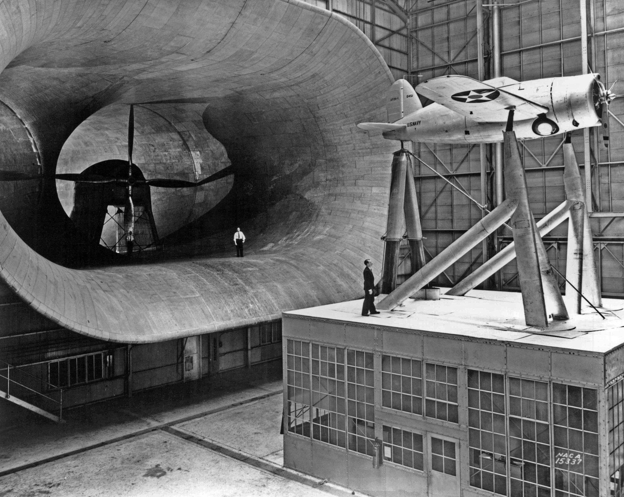 This is a photo of the Navy's Brewster XF2A-1 Buffalo mounted in the Full-Scale Tunnel for drag reduction studies.