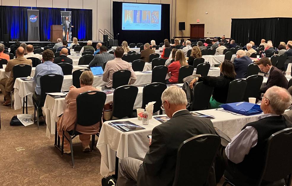 More than 200 physicians listen as Ian Maddox, a Marshall habitation systems architect, delivers the keynote presentation for the Medical Association of the State of Alabama during their 2023 Annual Meeting and Business Session on April 28.
