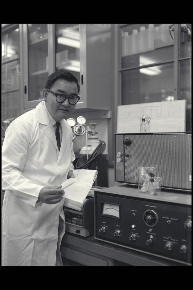Vance I. Oyama holds a readout from the gas chromatograph in the life detection laboratory at NASA’s Ames Research Center in this picture from April 22, 1965. Oyama had a long career at NASA, during which he served as Life Detection Systems branch chief; he examined lunar soil samples and also helped design experiments for the Viking Mars Landers. Both he and his brother Jiro pioneered new areas of life sciences research at Ames.
