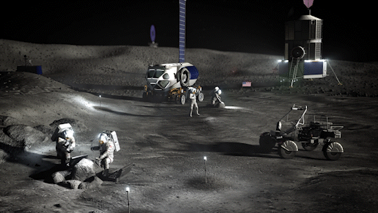 Animation showing Artemis astronauts working on the Moon with rovers, tools and habitats.