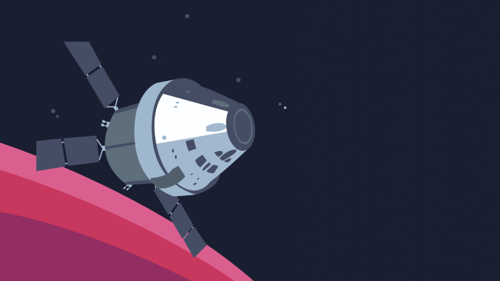 Artist illustration of a satellite in space with colorful pink and red arches in the background.