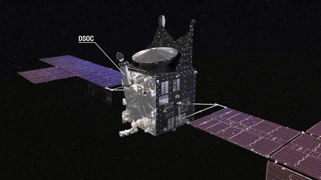 An artist depiction of Deep Space Optical Communications (DSOC) in space.