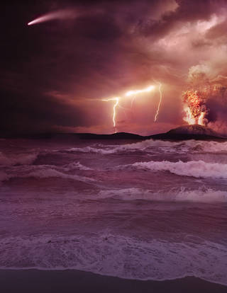 A stormy ocean scene with lightning bolts in the distance and a volcano erupting.