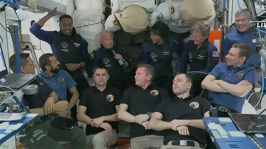 The four Axiom Mission-2 crew members join the seven-member Expedition 69 crew aboard the station and gather for a crew greeting ceremony.