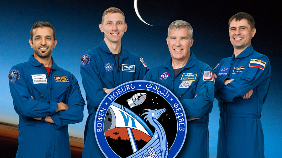 The four crewmates who flew to the station aboard the SpaceX Crew Dragon Endeavour are (from left) Sultan Alneyadi, Woody Hoburg, Stephen Bowen, and Andrey Fedyaev.