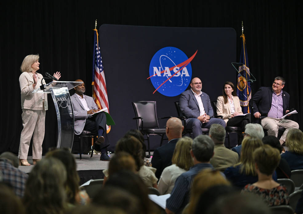 NASA’s Marshall Space Flight Center Director Jody Singer, left, discusses upcoming changes at the center May 16 following the Biden-Harris Administration’s decision to end the COVID-19 public health emergency. 