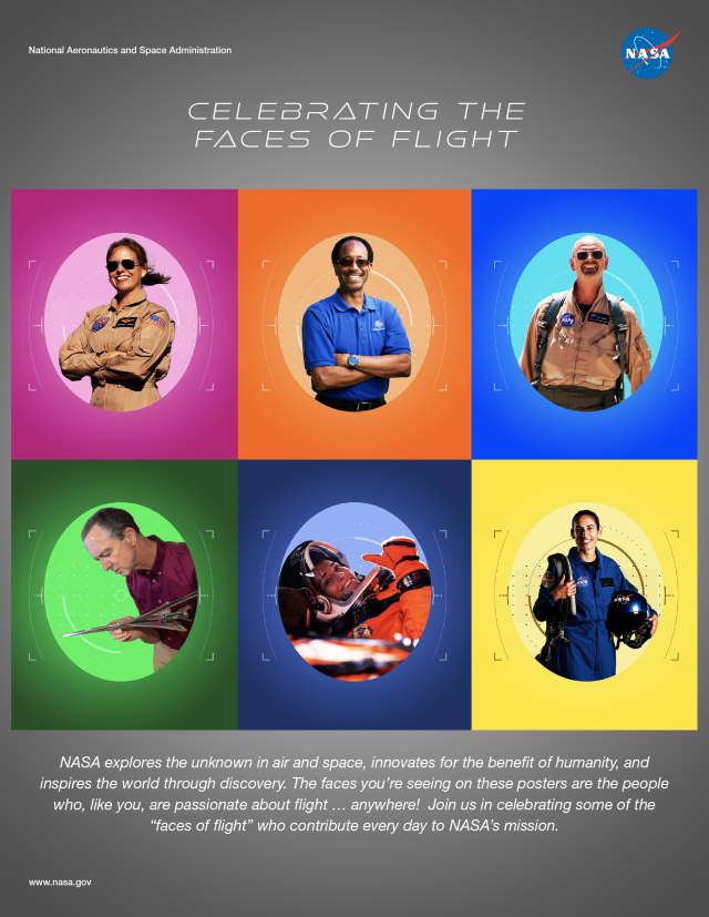 Celebrating the Faces of Flight poster. Top row: Susan Bell, Clayton Turner and Nils Larson. Bottom row: Donald Durston, Nicole Mann and Jasmin Moghbeli.