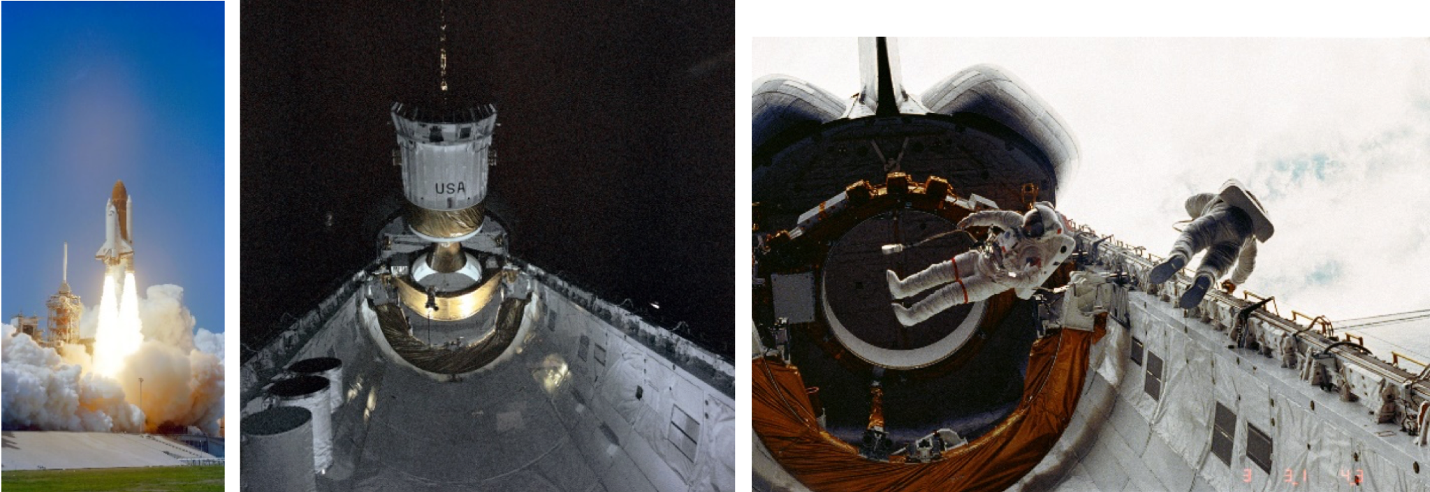 Trio of images showing the first Challenge launch, then two pictures of Challenger in orbit