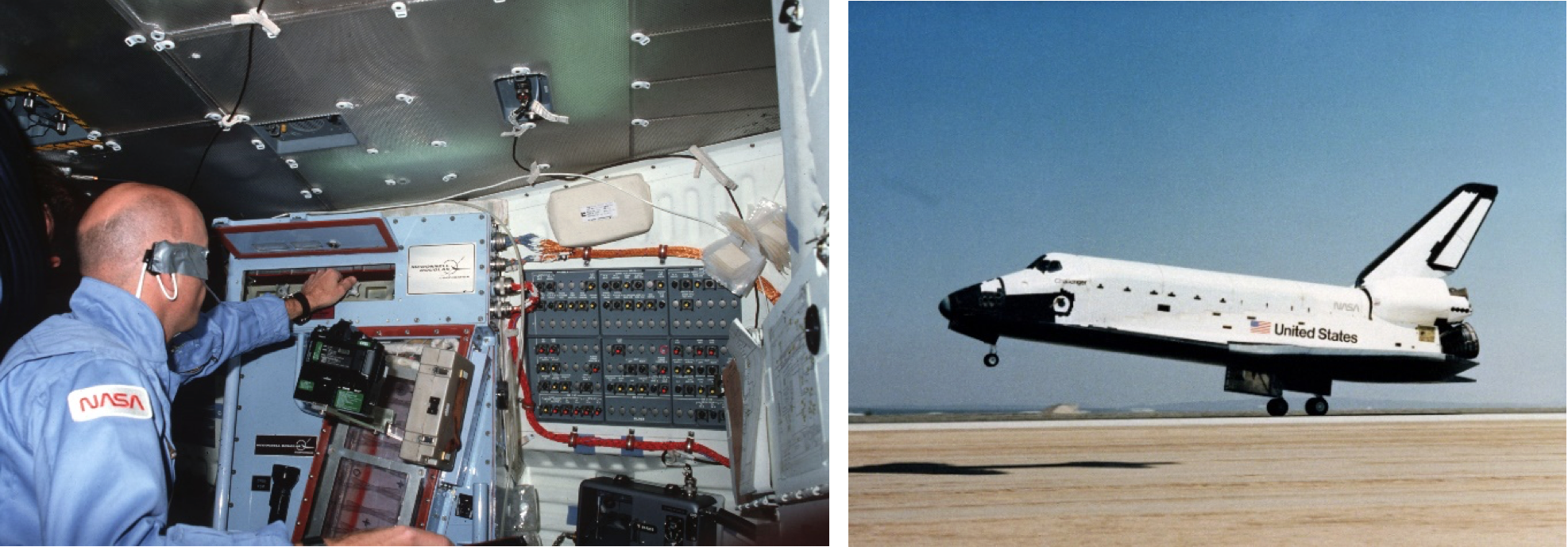 Two images, one is an astronaut aboard Challenger, the other is the orbiter landing