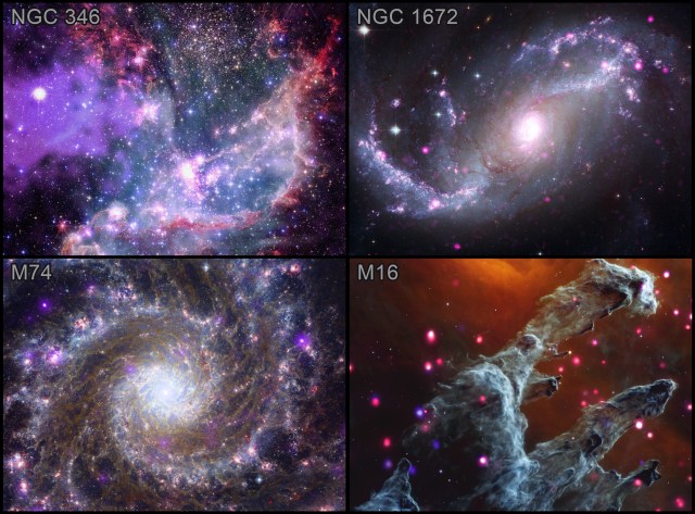 This release features four separate images that combine X-ray data from the Chandra Observatory, and infrared data from the James Webb Space Telescope, and some data from other telescopes like Hubble, Spitzer and XMM-Newton. The dark but colorful, highly detailed, composite images, are presented individually, and in a two-by-two grid.