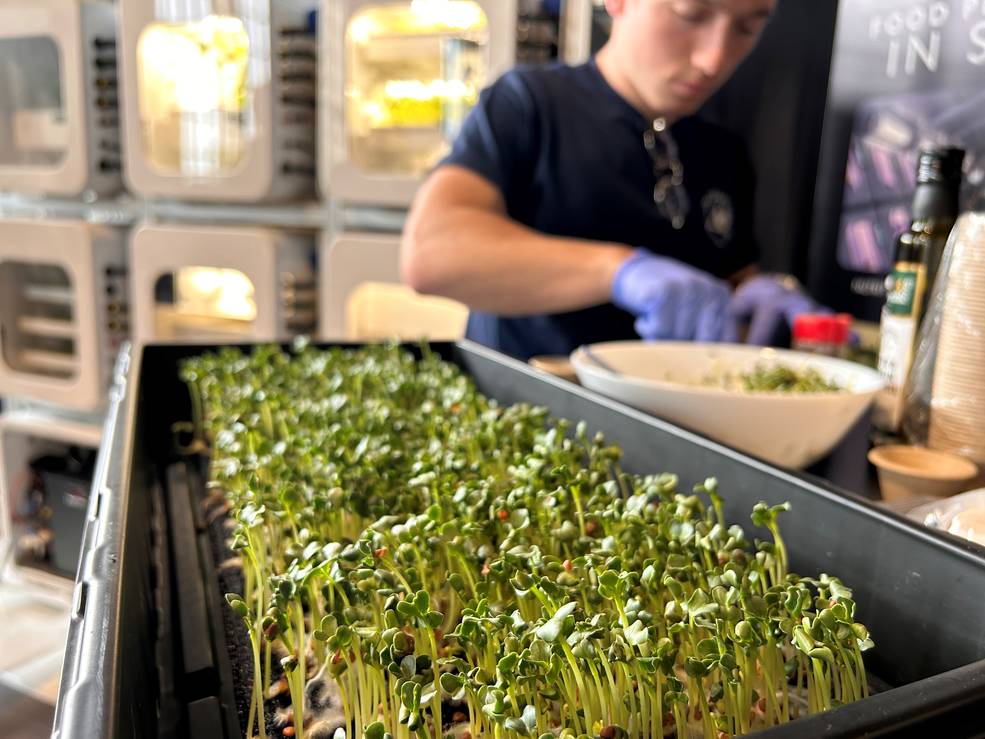 A team member from Interstellar Lab of Merritt Island, Florida, prepares Daikon Radish sprouts on May 19 during NASAs Deep Space Food Challenge Phase 2 prize announcement.