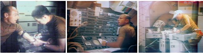 Three views from television downlinks of life and work aboard Skylab following the deployment of the parasol sunshade. Left: Dr. Joseph P. Kerwin, right, drawing a blood sample from Charles “Pete” Conrad. Middle: Conrad at the controls of the Apollo Telescope Mount in the Multiple Docking Adapter. Right: Conrad prepares a meal in Skylab’s wardroom.