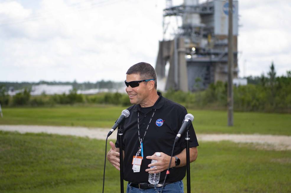 : SLS (Space Launch System) Chief Engineer John Blevins joined NASA's Stennis Space Center team May 10 for an RS-25 certification engine hot-fire test in support of engine production for future SLS flights and Artemis missions. 