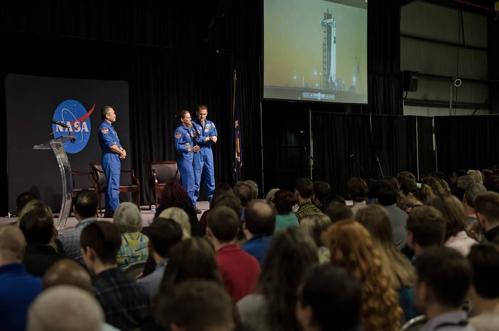 JAXA astronaut Koichi Wakata, left, Nicole Mann, center, and Josh Cassada, right, address Marshall team members at standing-room-only employee event of more than 400 people at Activities Building 4316 on May 1. 