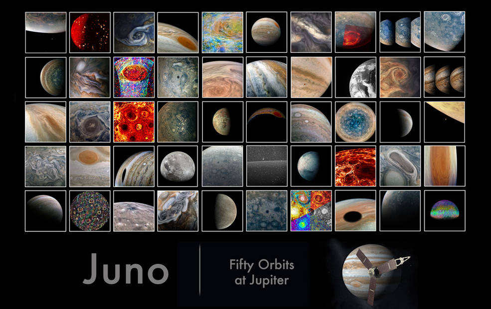 Downloadable graphic contains 50 image highlights from NASA’s Juno mission to Jupiter