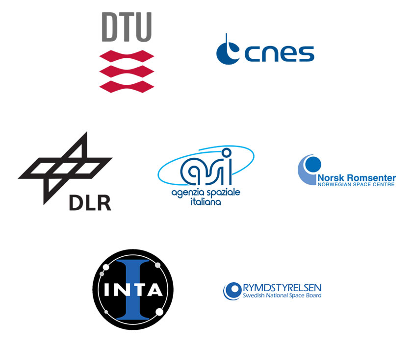 Participating ESA country member center logos including (from top row left) The National Space Institute at the Technical University of Denmark, or DTU; France’s National Centre for Space Studies, or CNES; (from center row left) The German Aerospace Center, or DLR; The Italian Space Agency, or ASI; The Norwegian Space Agency, or Norsk Romsenter; (from bottom row left) Spain’s National Institute for Aerospace Technology, or INTA; and The Swedish National Space Agency.