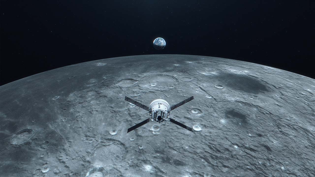 Artist concept of Orion with earthrise over Moon