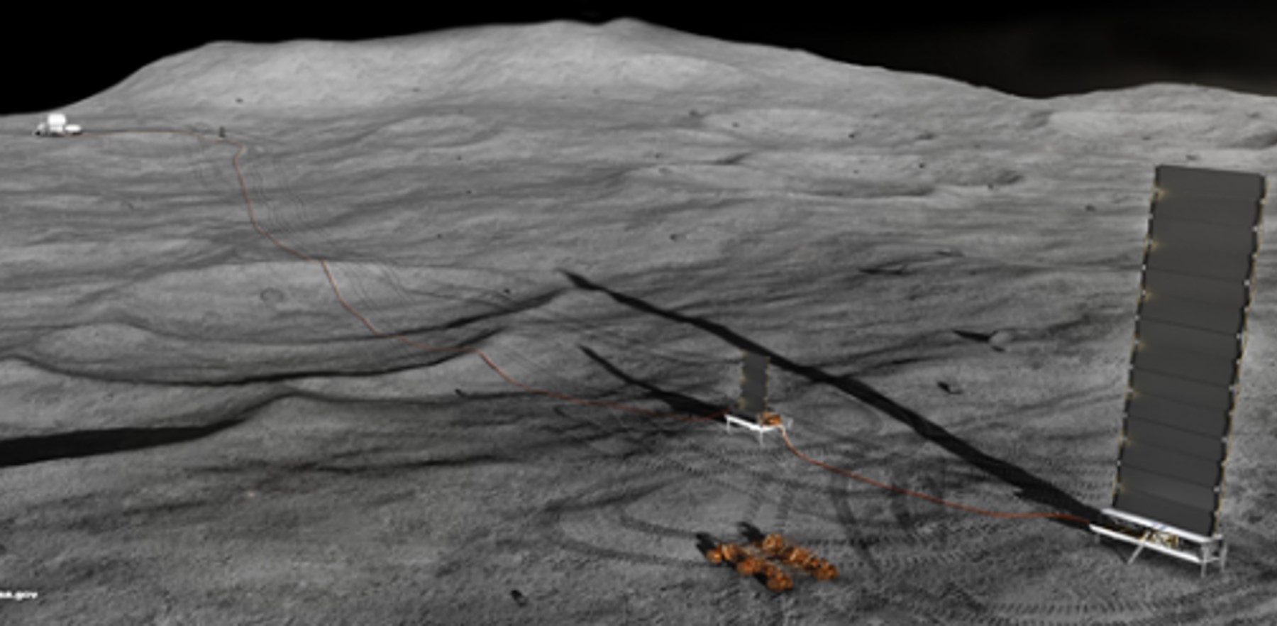 Rendering of moon surface with a lander and energy panel on it.