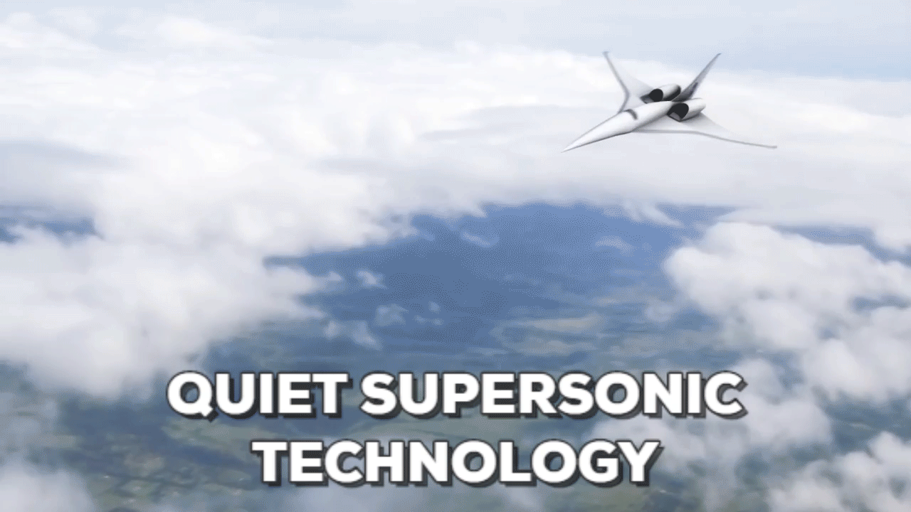 This gif of the X-59, NASA's quiet supersonic aircraft. There is text in the gif that reads "Quiet Supersonic Technology."