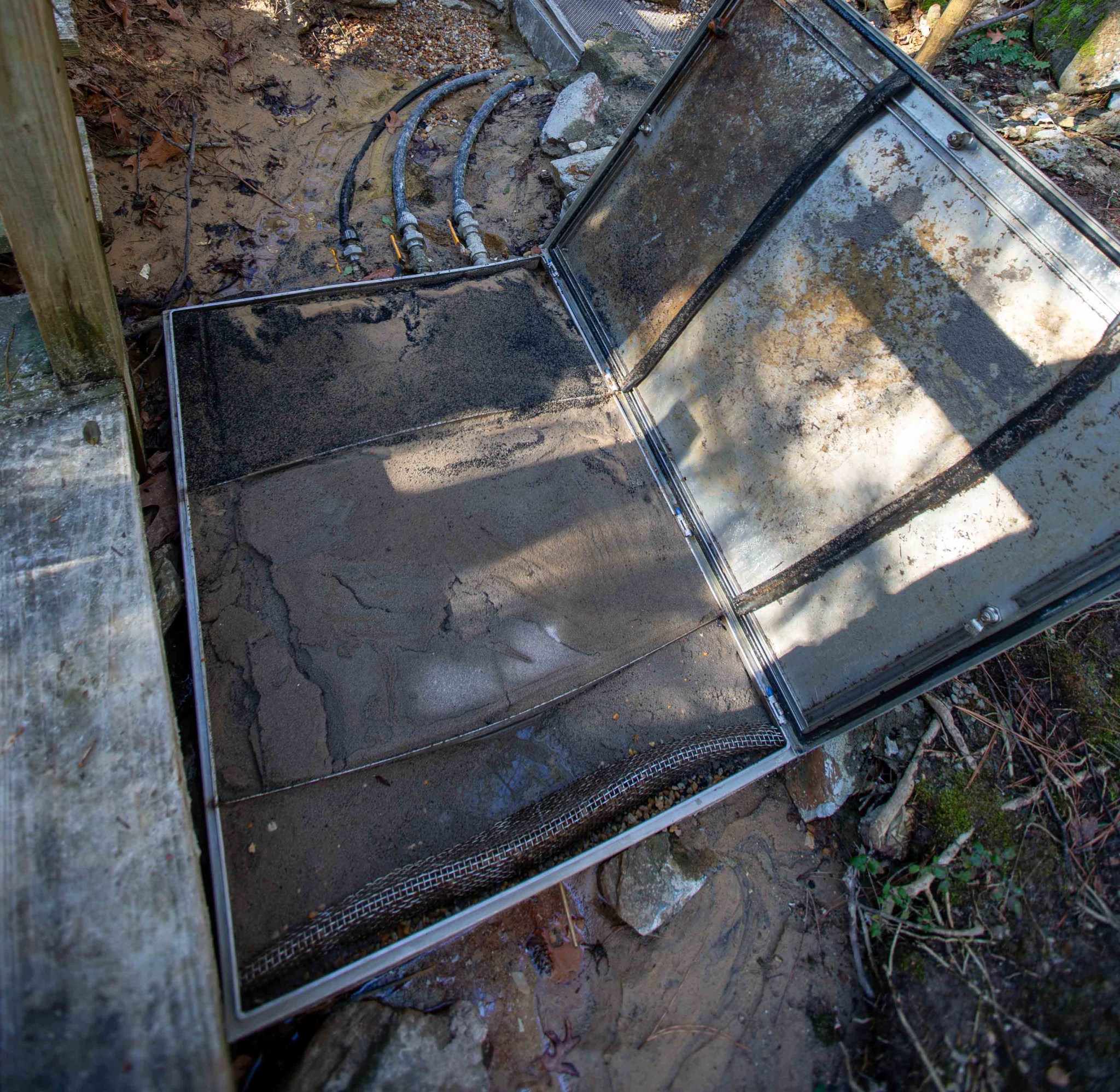 A water box in a muddy area in the ground with the lid open revealing brown waste collected inside.