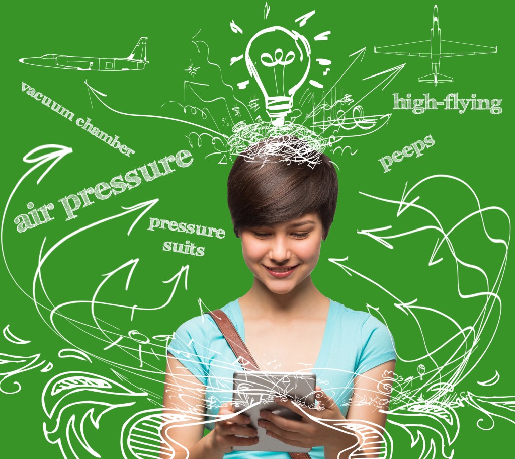 High-Flying Peeps: Designing a Pressure Suit cover image showing a young ladying looking at an tablet with squiggly white lines, formulas and drawings of electric airplanes coming out of the notebook on a green background.