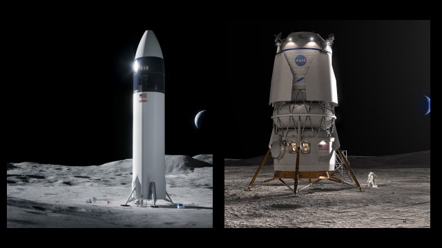 Artist's concept of SpaceX Starship human landing system. Artist’s concept of the Blue Moon lander.