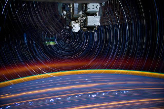 Stars leave streaks of light in concentric circles in this Mar 16, 2012, view from the International Space Station