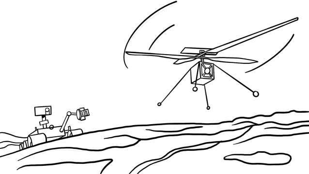 Ingenuity coloring page, with Ingenuity in flight in mars.