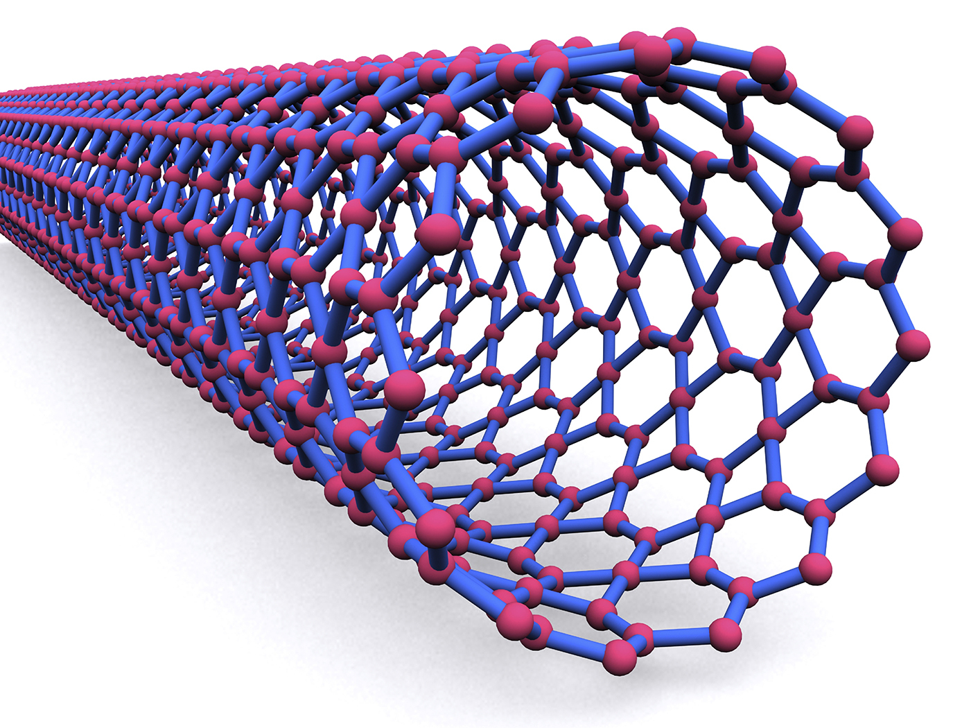 This is a visualization of a single nanotube, which looks like hexagonal compounds woven together in a cylindrical shape, isolated on a white background.