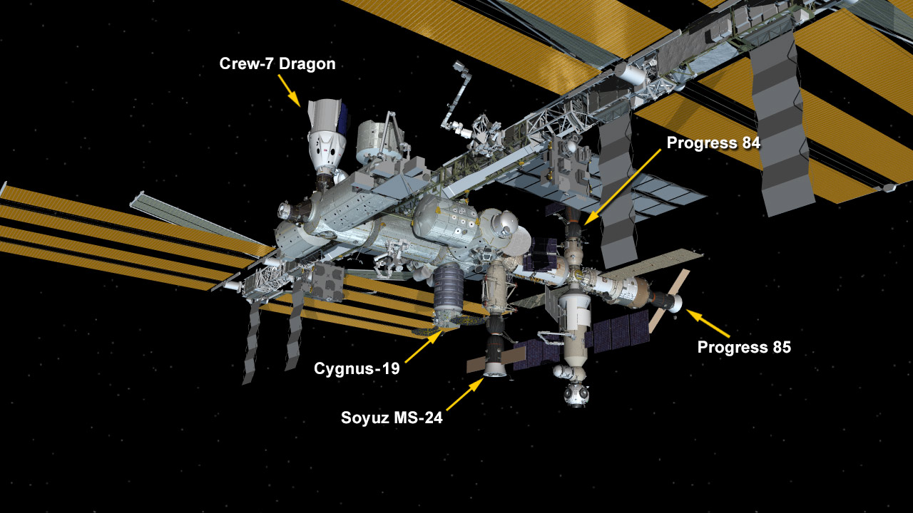 Sept. 27, 2023: International Space Station Configuration. Five spaceships are parked at the space station including the SpaceX Dragon Endurance, Northrop Grumman's Cygnus space freighter, the Soyuz MS-24 crew ship, and the Progress 84 and 85 resupply ships.