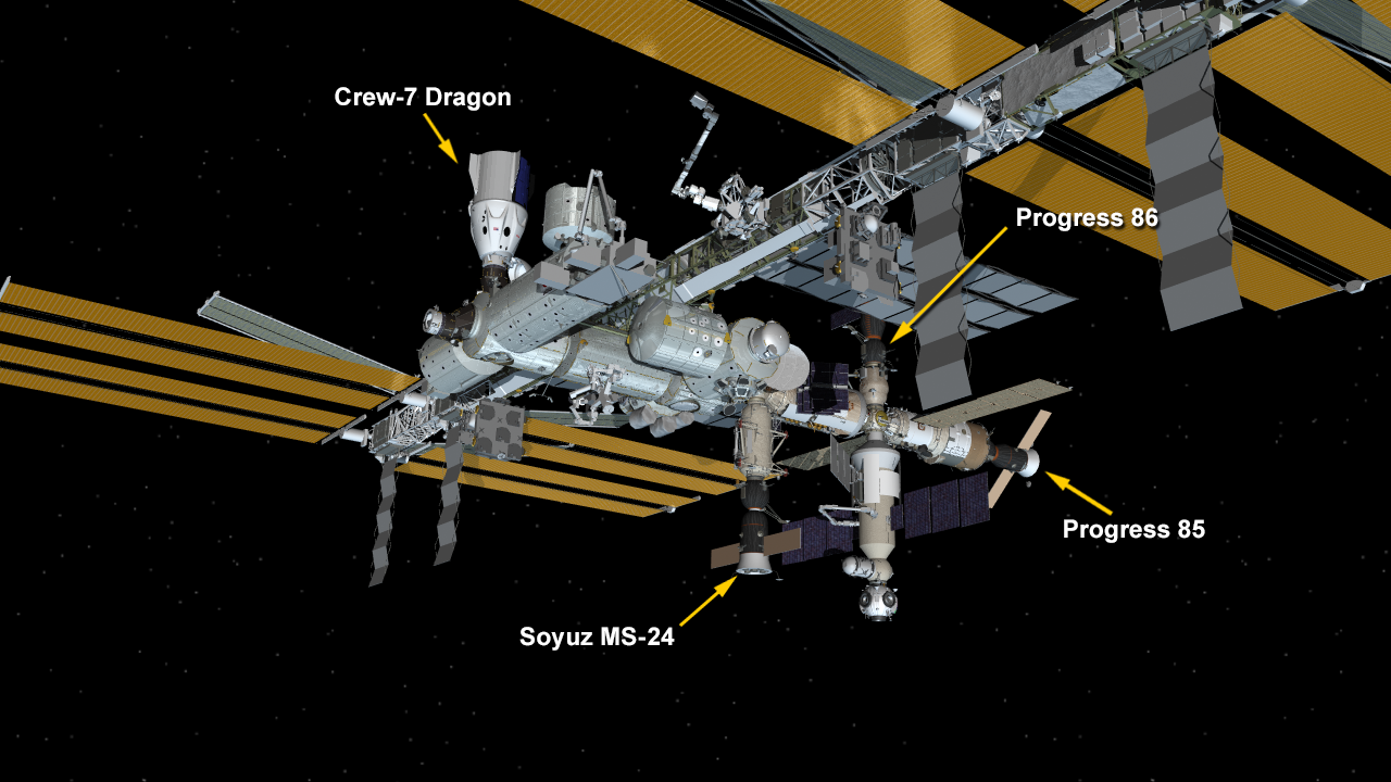 Dec. 22, 2023: International Space Station Configuration. Four spaceships are docked at the space station including the SpaceX Dragon Endurance crew spacecraft, the Soyuz MS-24 crew ship, and the Progress 85 and 86 resupply ships.