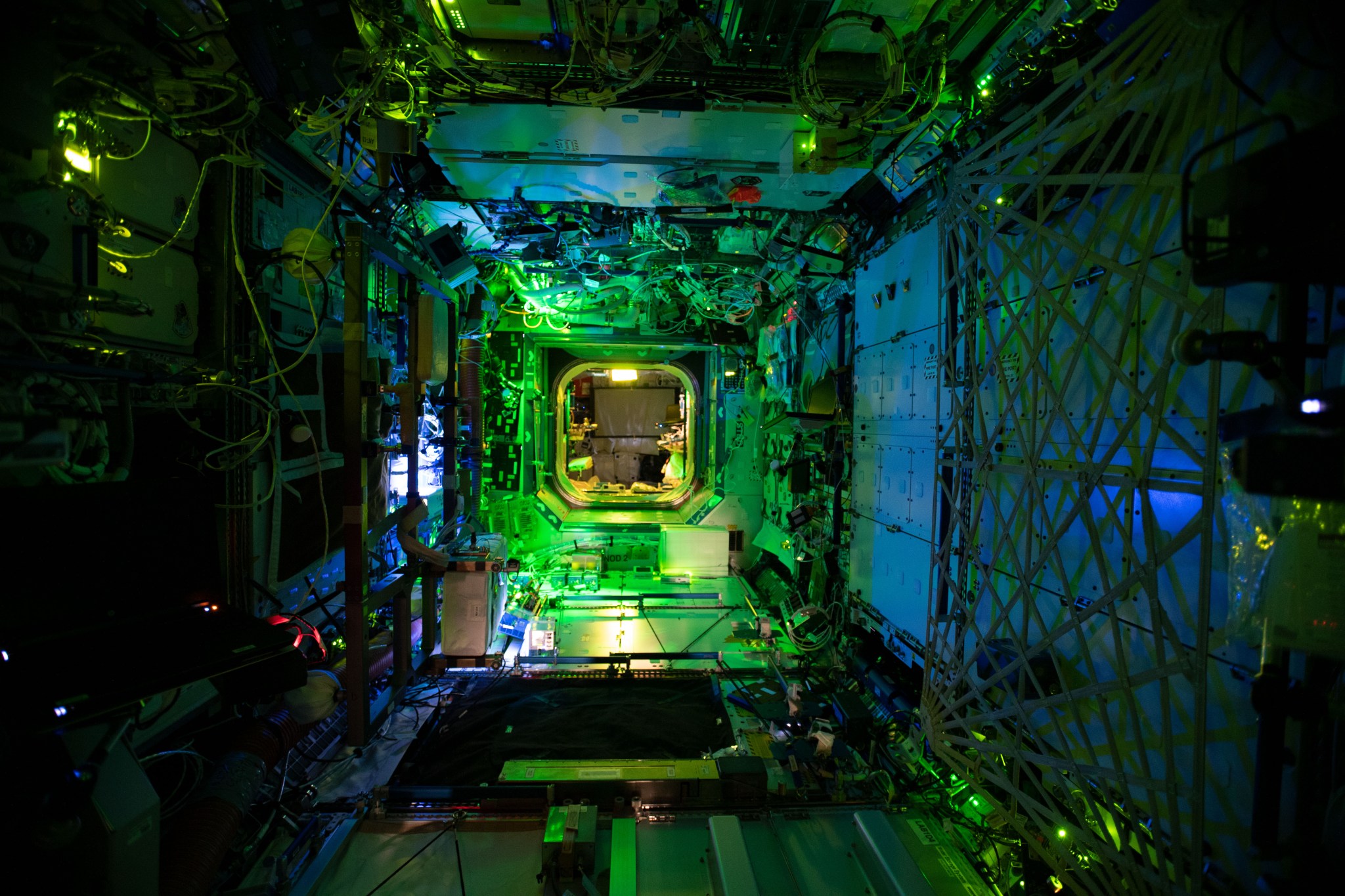 View of the interior of the U.S. lab taken with night lighting.