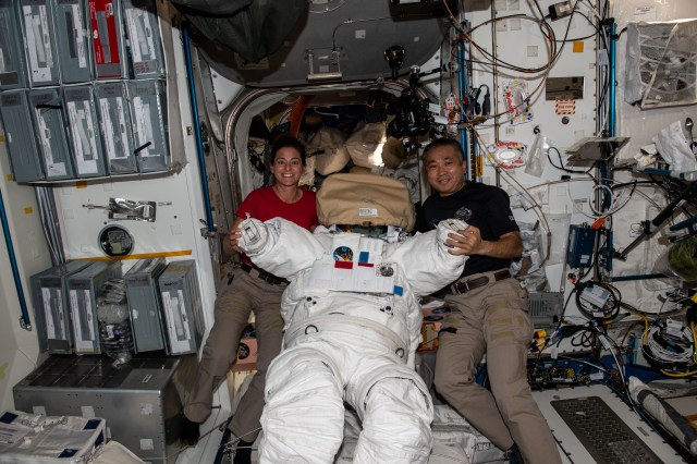 NASA-designed spacesuits are called Extravehicular Mobility Units, or EMUs. Spacewalks in EMUs are staged in the Quest airlock.
