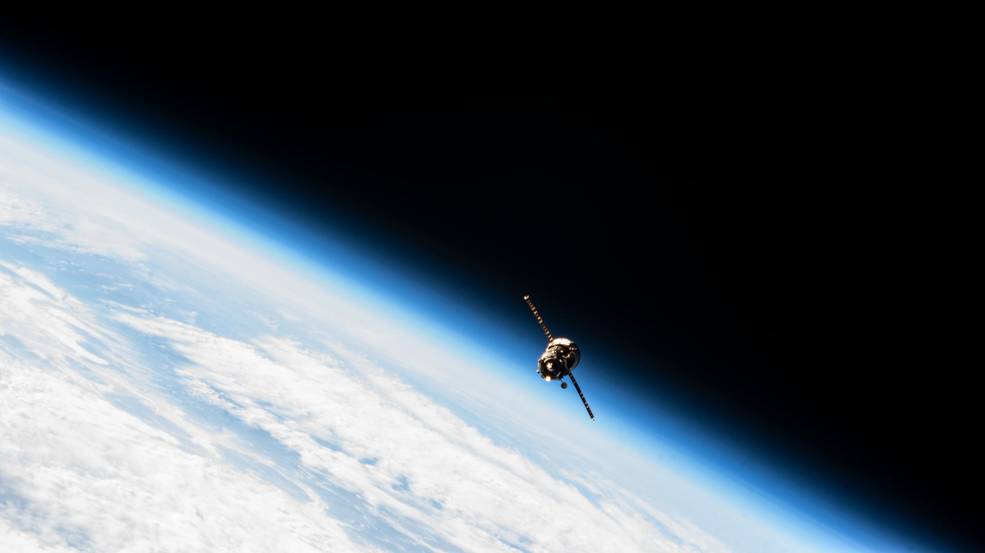 The Roscosmos Progress 81 cargo resupply ship is pictured after undocking from the International Space Station’s Zvezda service module.