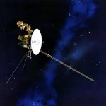 This artist's concept of the Voyager spacecraft with its antennapointing to Earth.