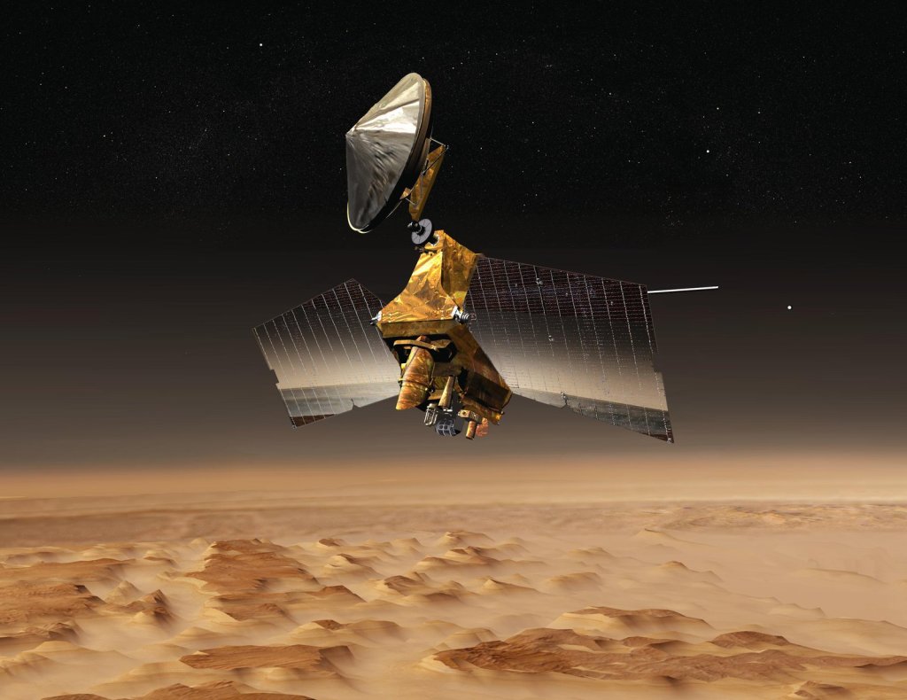 NASA's Mars Reconnaissance Orbiter passes above a portion of the planet called Nilosyrtis Mensae in this artist's concept illustration.