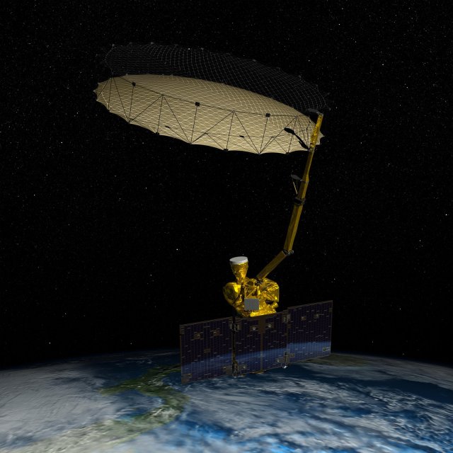 Artist's rendering of NASA's Soil Moisture Active Passive (SMAP) spacecraft in orbit.