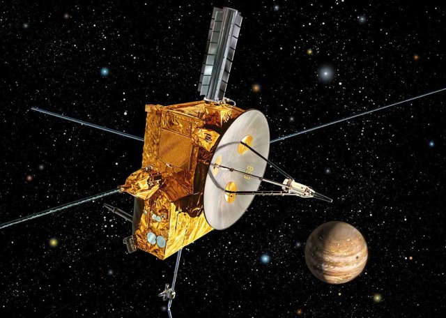 An artist's impression of the Ulysses spacecraft at Jupiter