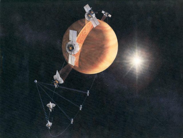 An artist's concept of the Magellan spacecraft making a radar map of Venus