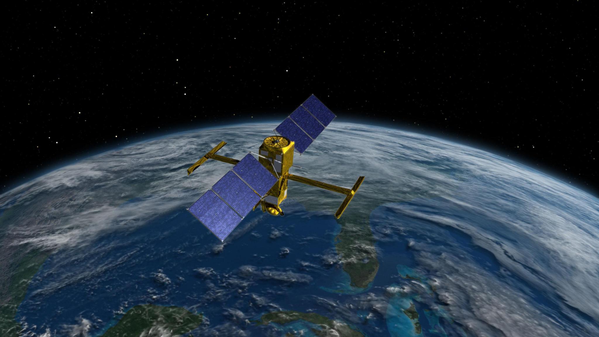 This illustration depicts the Surface Water and Ocean Topography (SWOT) satellite hovering above Earth