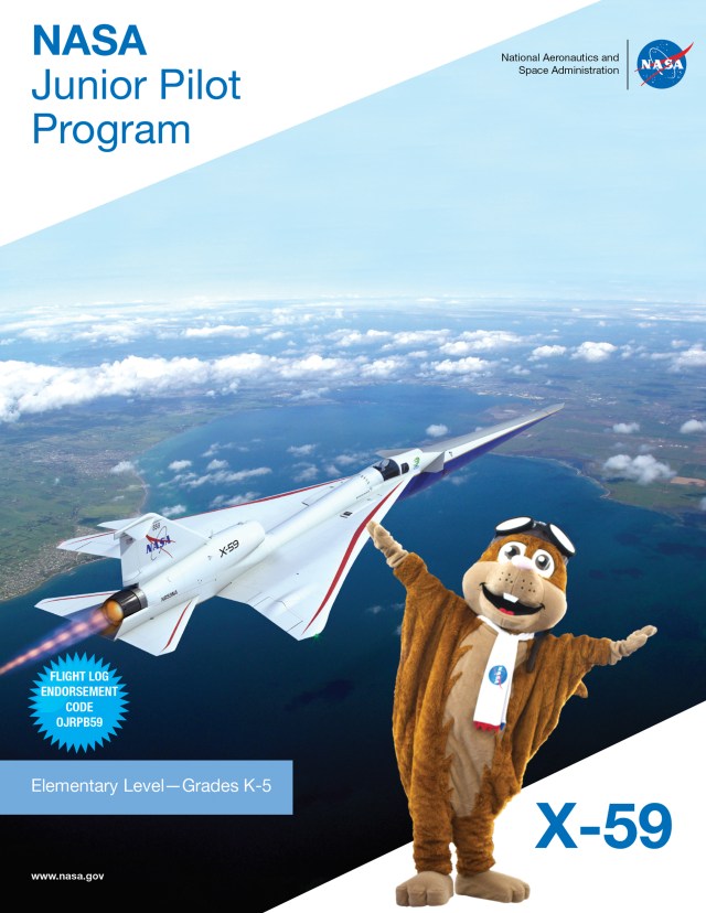 Junior Pilot: X-59 Cover with Orville the Flying Squirrel Mascot standing in front of an image of the X-59 in flight.