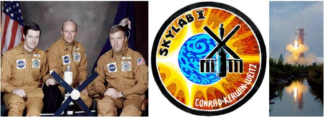 Left: The Skylab 2 crew of Dr. Joseph P. Kerwin, left, Charles “Pete” Conrad, and Paul J. Weitz. Middle: The official Skylab 2 crew patch. Right: Liftoff of Skylab 2 from Launch Pad 39B at NASA’s Kennedy Space Center in Florida.