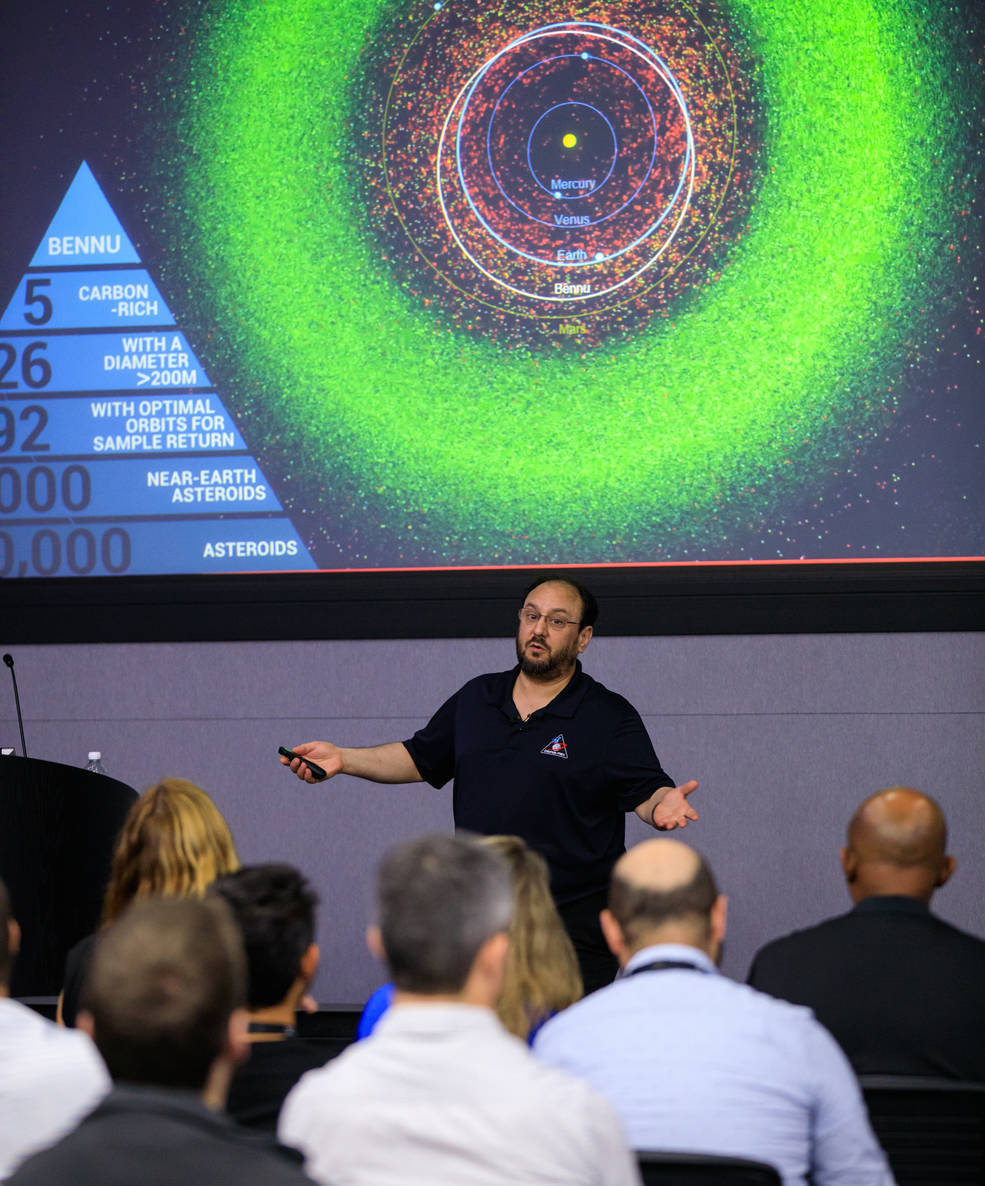 Dr. Jason Dworkin, OSIRIS-REx project scientist from NASAs Goddard Space Flight Center in Greenbelt, Maryland, presents a mission update at Kennedy Space Center in Florida, on May 11, 2023.
